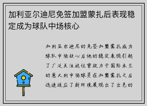 加利亚尔迪尼免签加盟蒙扎后表现稳定成为球队中场核心