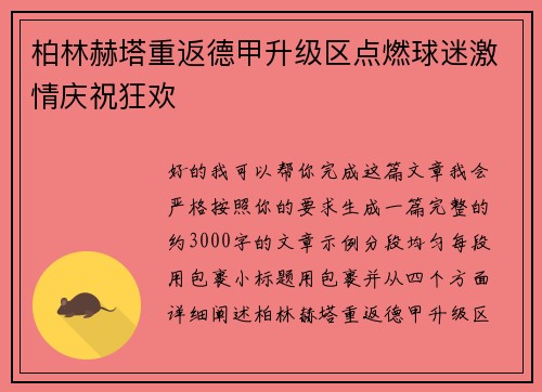 柏林赫塔重返德甲升级区点燃球迷激情庆祝狂欢
